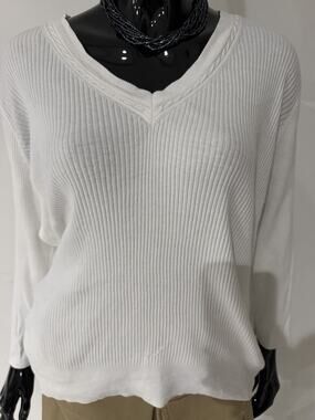 Lauren Ralph Lauren Women XL White 100% Cotton Ribbed V-Neck 3/4 Sleeve Sweater